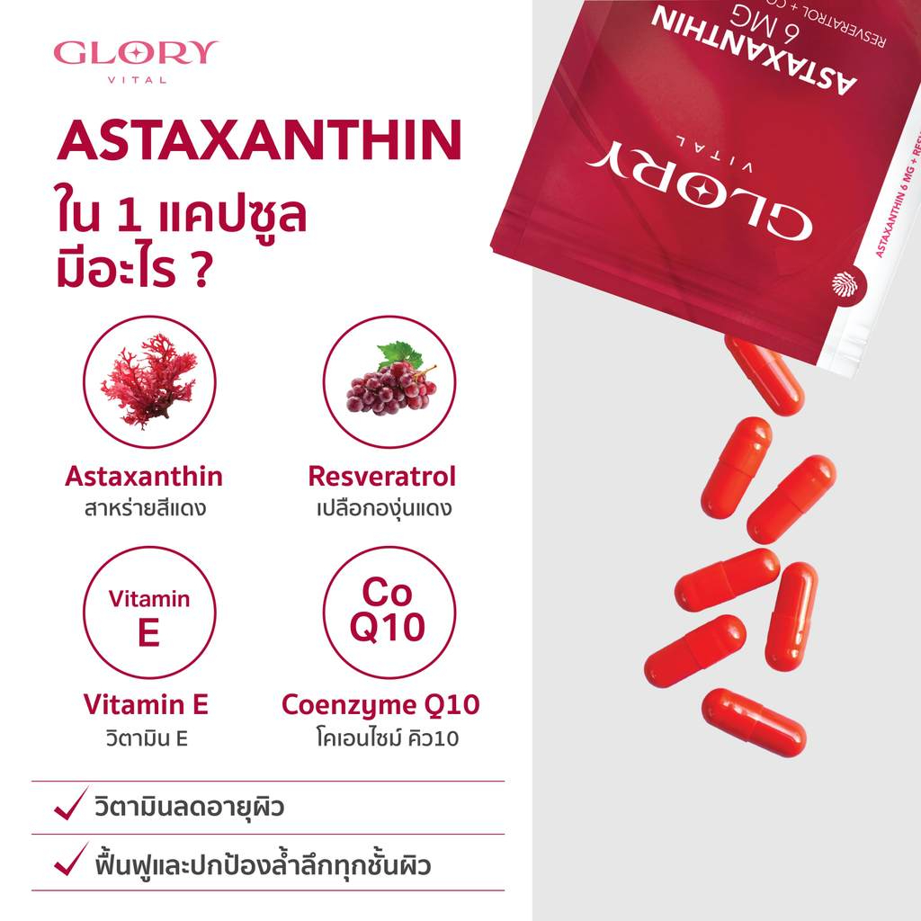 Glory Astaxanthin 6 mg + Grape Skin Extract + Co Q10 + Vit E แอสต้าแซนธิน ผิวละเอียด รูขุมขนกระชับ ริ้วรอยจางลง x24